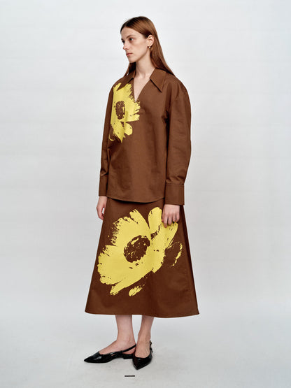 SERRER Bright yellow daisy print brown skirt - LOGAN.