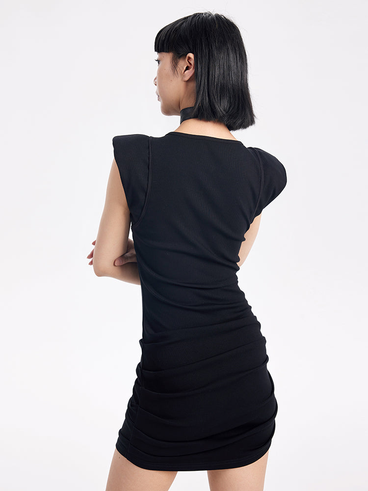 TINY IN wide-shouldered cut-out pleated short dress -ADE
