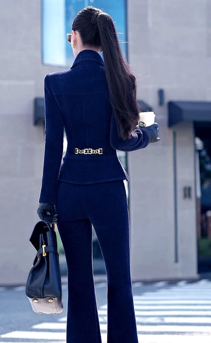 VJE woolen multi-wearing collar jacket slightly flared pants two-piece set-MELO.