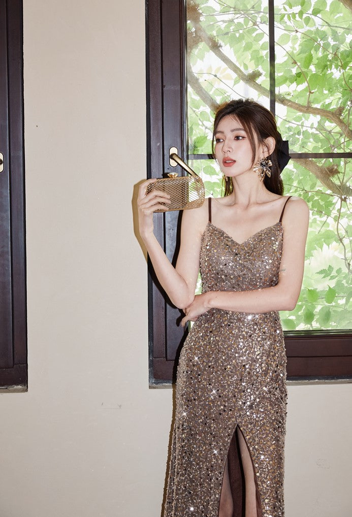 DOLLY High End Sleeveless Beaded Sequin Long High waist Suspender Cocktail Dress-ANABEL