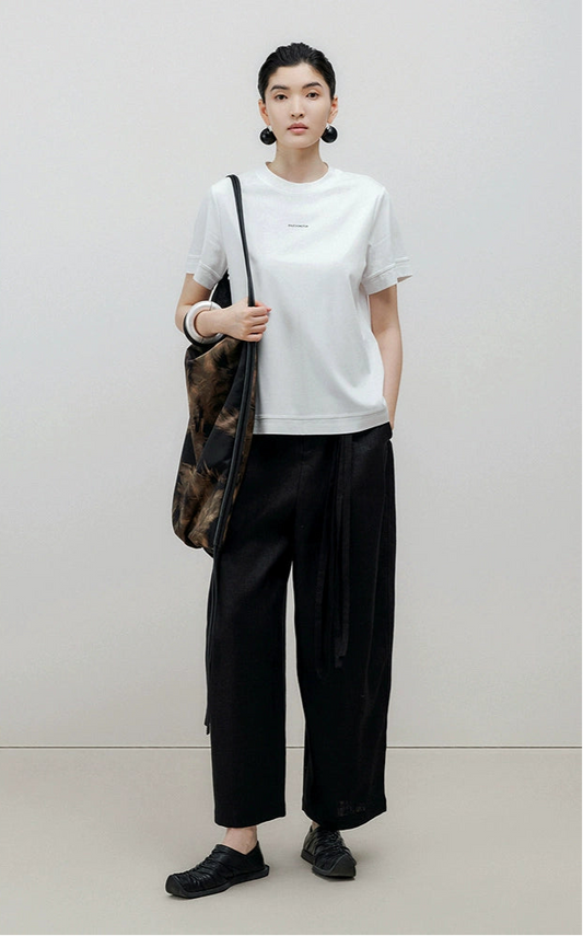 ZHUCHONGYUN Summer Black Loose Belted Linen Long Pants-HARU.