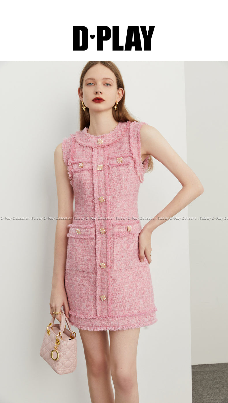 Fall Autumn French Light Luxury Pink Brushed Tweed Vest Dress- Suni
