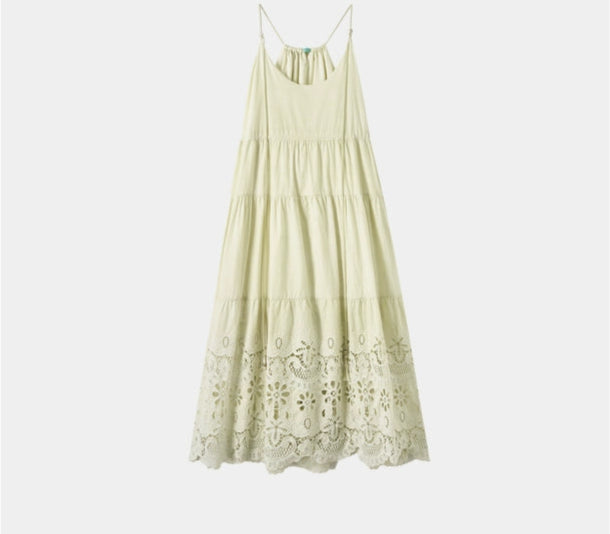 Sushe French Resort Quilted cotton embroidered lace loose A-line long slip dress-LUCY