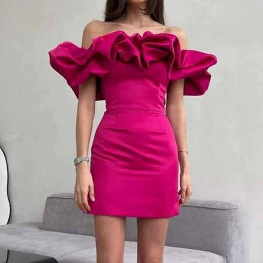 DOLLY Elegant Satin Ruffled Off Shoulder Tube Top Sim Fit Date Dress-AINSELY