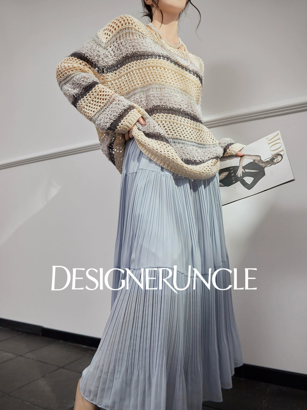 DGU "Weaving Halo" apricot gray striped wool knitted sweater- SHOW.