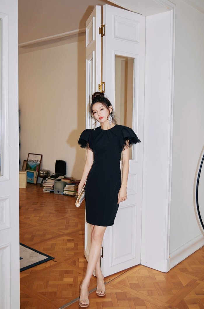 DOLLY Elegant Black Half Turtle Neck Short Puff Sleeve Midi Mesh Dinner Dress-AARTI