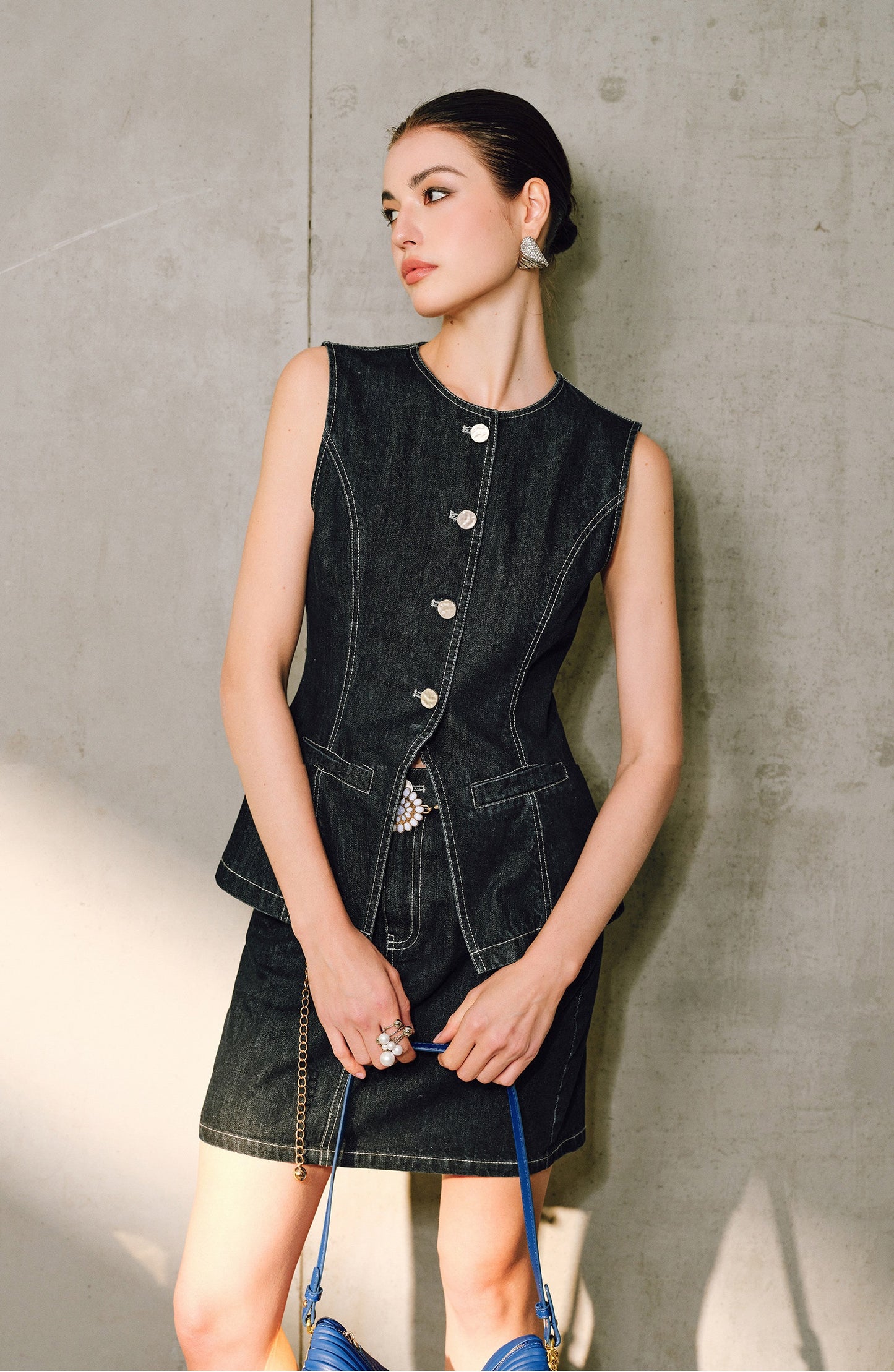 WANGXO | Denim with High-Quality Cotton Blend Waist Contrast Line Denim Vest & Skirt Set -ZIVA