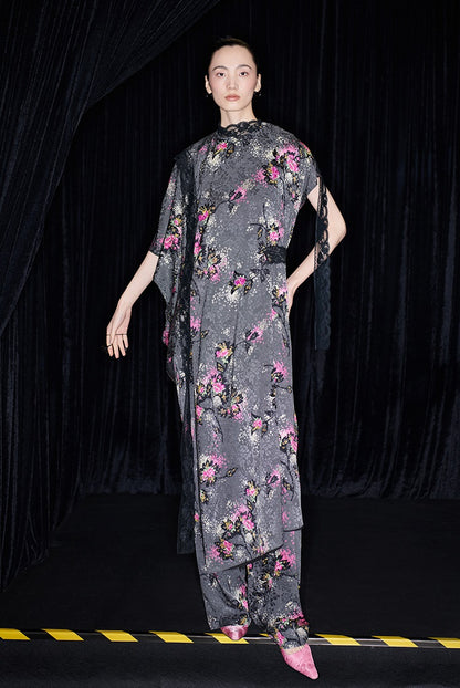 M essential Mackay designer cherry blossom print beaded asymmetrical dress - WORDS.