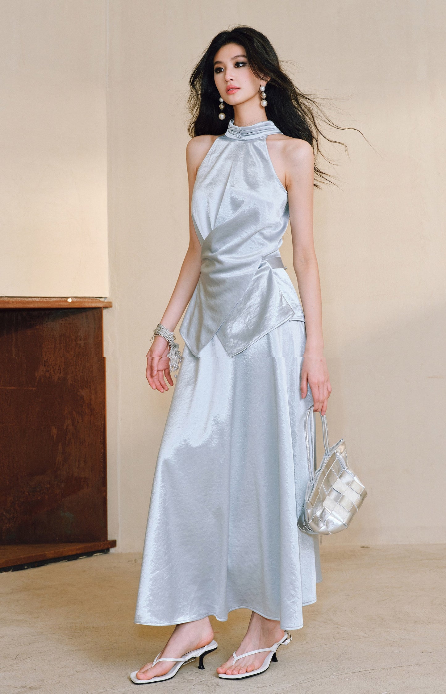 WANGXO | Pearl Lustrous Luxury Gilt Satin  Halterneck Folded Waist Top & High-Waisted Umbrella Skirt Set - ARIA