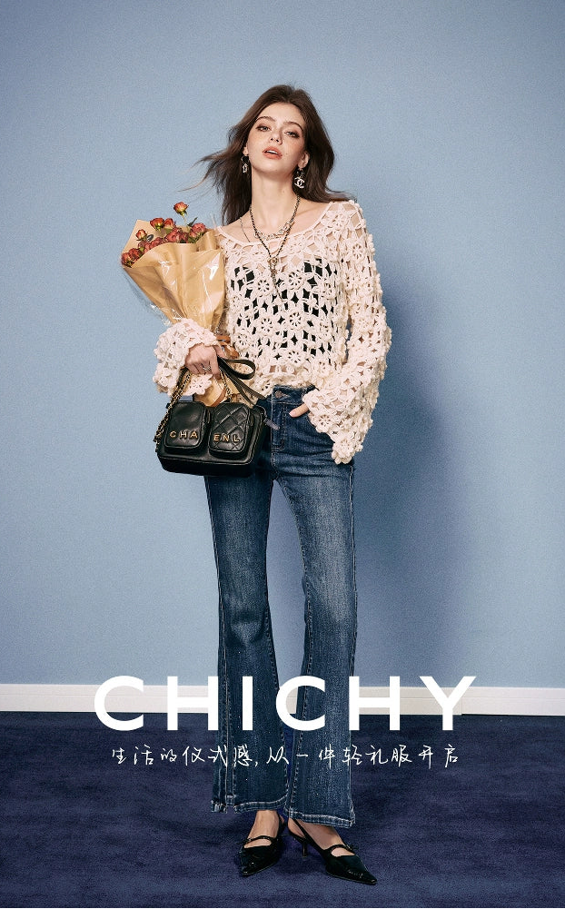 CHICHY High Street Retro Bootcut Blue High-Waisted Length Pants-LEXI