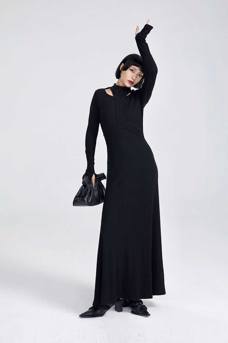 TINYIN slim swing maxi knit dress with cut-out stitching -KOKO