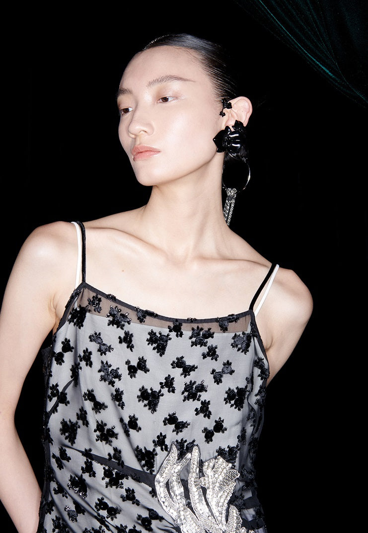 M essential Mackay designer Dot Rose jacquard iris embroidered folded dress - ceaser.