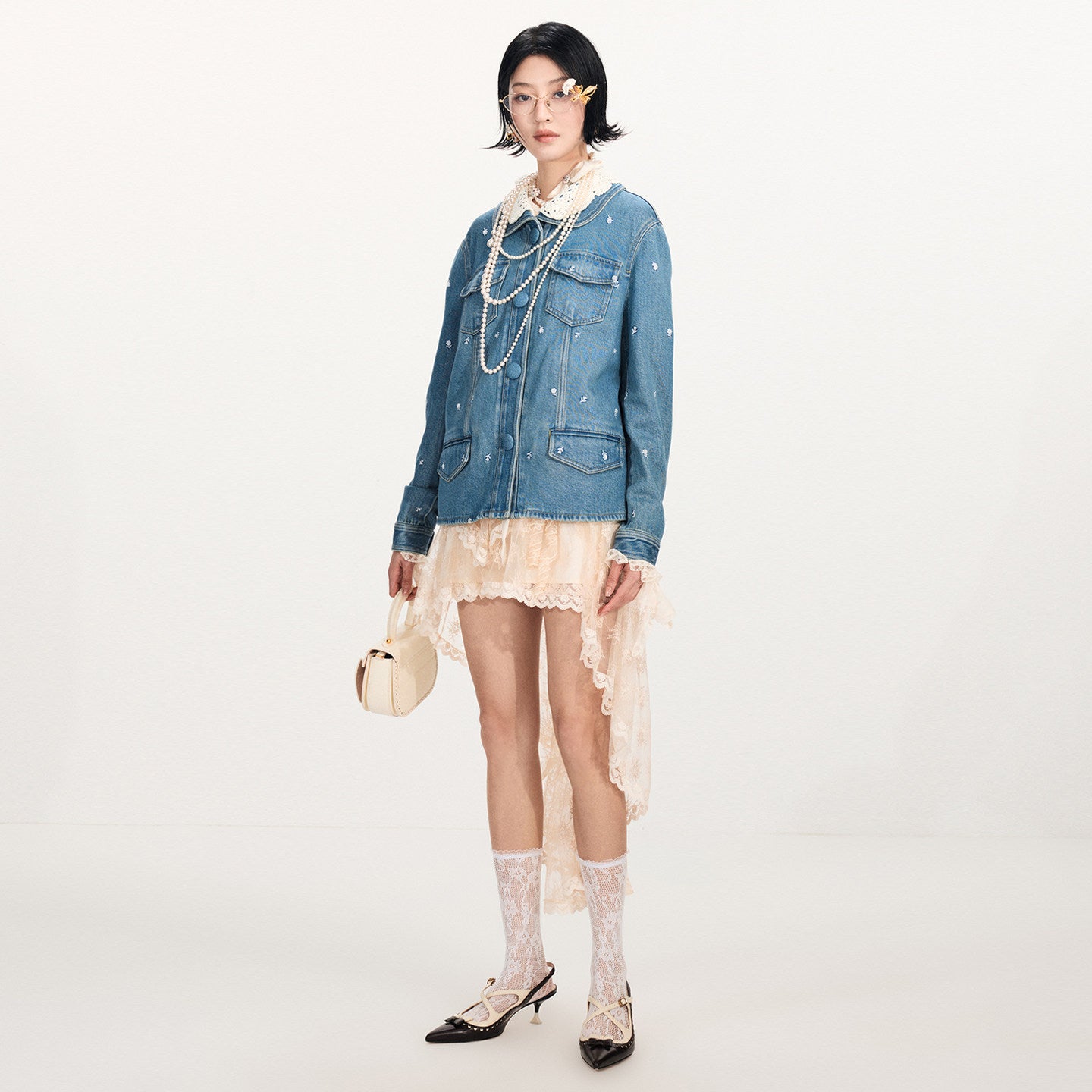FAME Beaded Three-Dimensional Flower Embroidery Cargo Denim Jacket Top - BYRON.