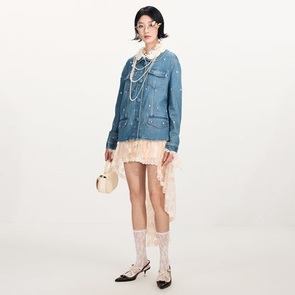 FAME Beaded Three-Dimensional Flower Embroidery Cargo Denim Jacket Top - BYRON.