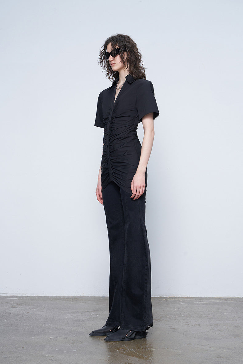 ANNAKIK Black and white pleated waist V-neck dress-FANSIA