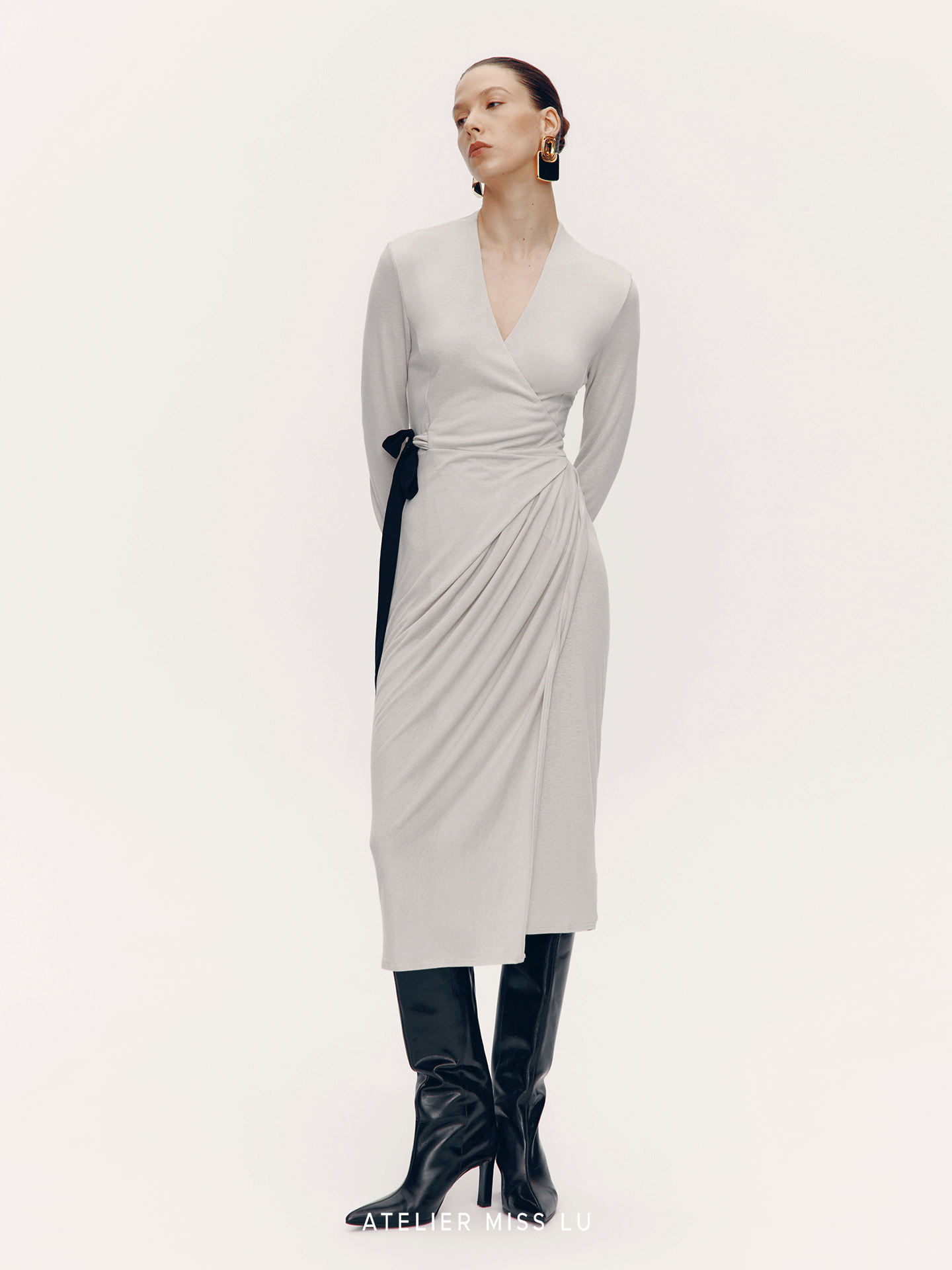 ATELIER MISS LU [Ferrar Pleated Light] Lace-up Soft Knit Wrap Dress -BWEST