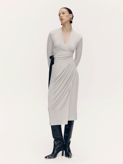 ATELIER MISS LU [Ferrar Pleated Light] Lace-up Soft Knit Wrap Dress -BWEST