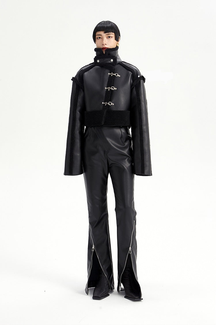 TINY IN zippered flared floor-length leather high waist pants -KON