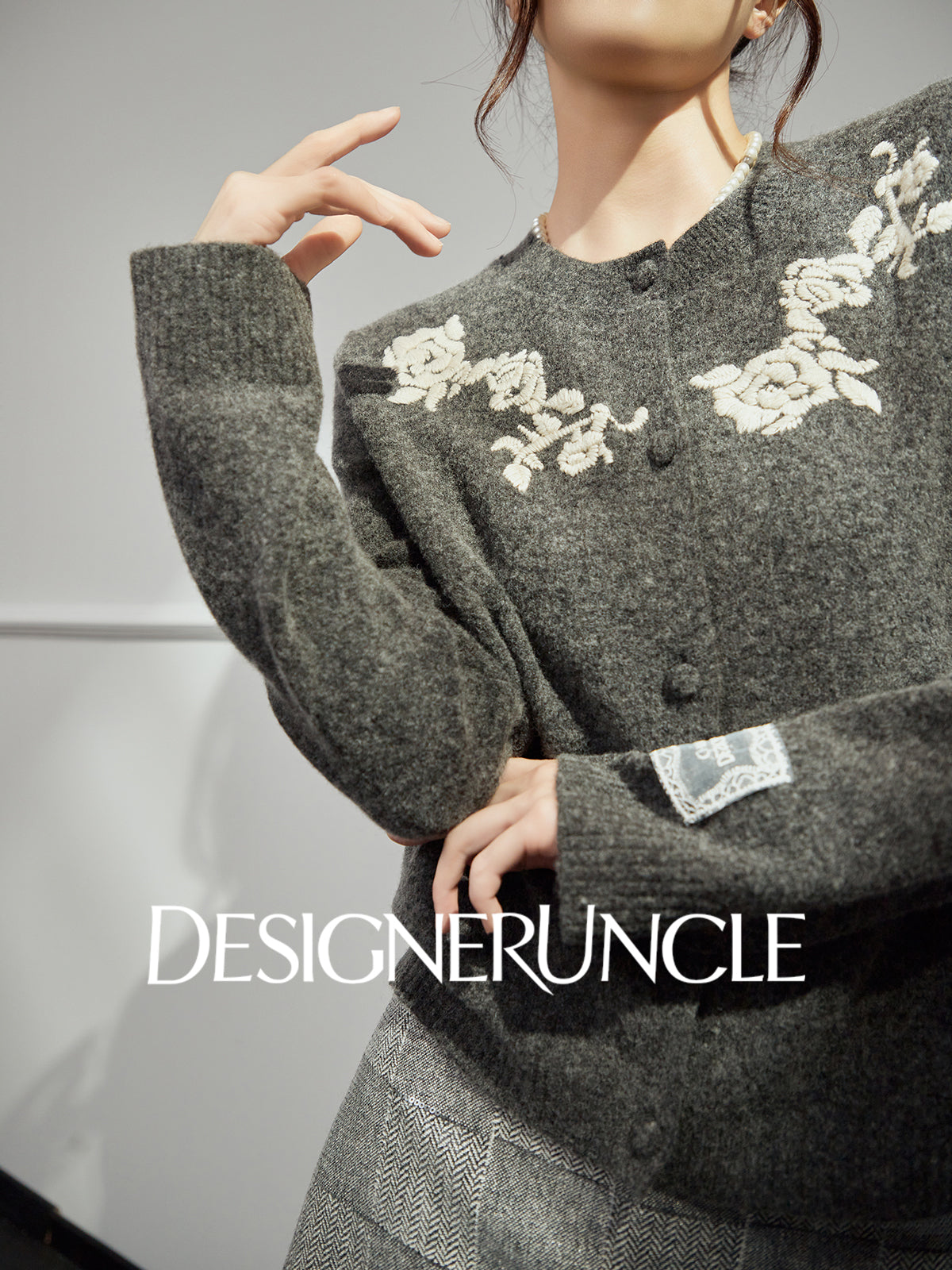 DGU "Flower Rhyme" gray sweater autumn retro loose slimming knitted top - Brianna.