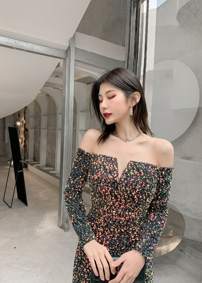 DOLLY High End Sequin Off Shoulder Long Sleeve Slim Fit Long Fish Tail Evening Dress-KASSIE
