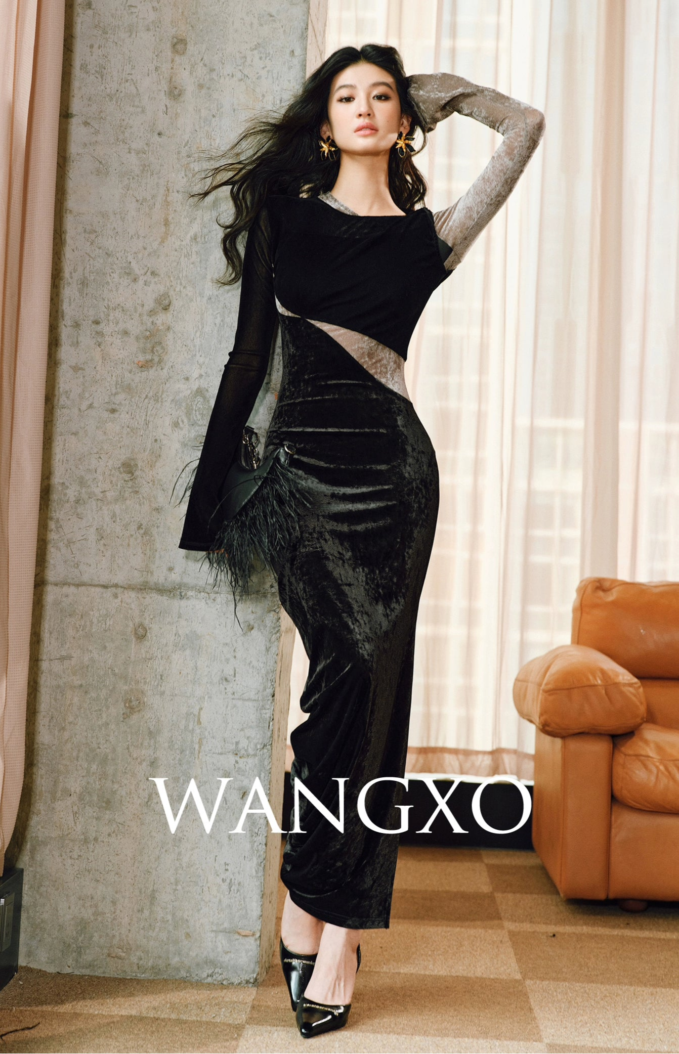 WANGXO | Soft Velvet 3-Yarn Stitching Pleated Slim-Fit Knitted Dress- LENA.