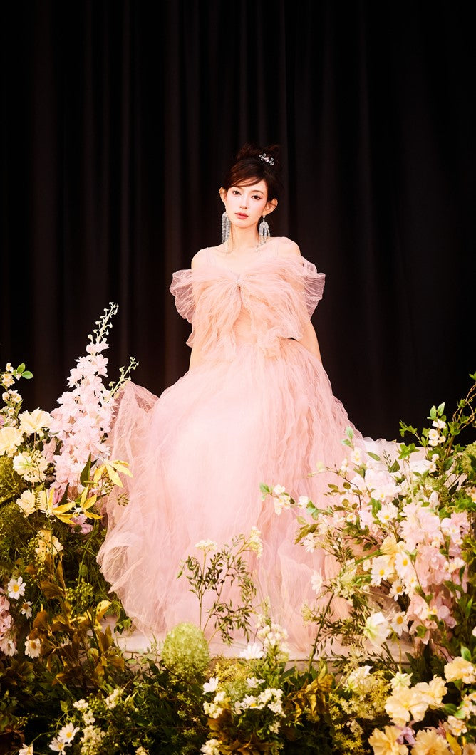 DOLLY Elegant Pink Sleeveless Big Bow Long Pleated Sequin Award Night Dress-CLEO  (V)