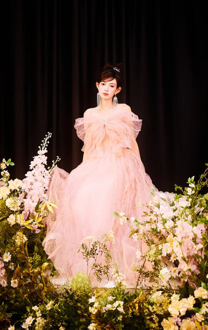 DOLLY Elegant Pink Sleeveless Big Bow Long Pleated Sequin Award Night Dress-CLEO  (V)