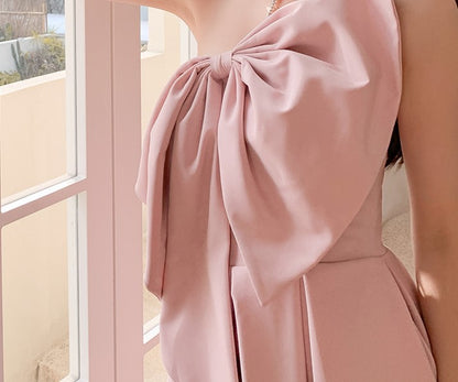 DOLLY High End Retro Style One Shoulder Big Bow Long Dinner Dress-KIKI