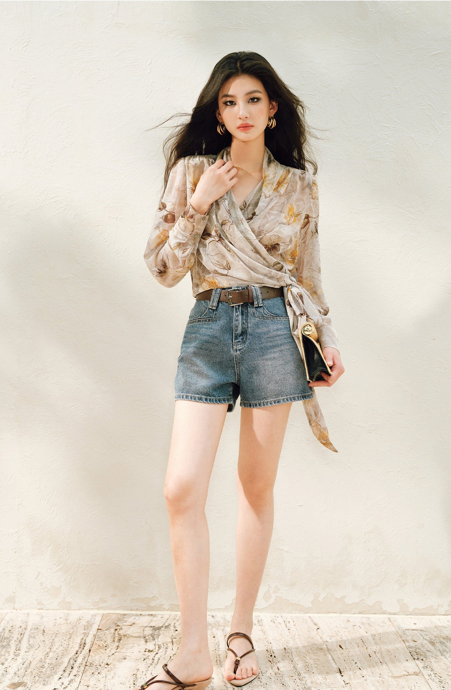 WANGXO | Silky Drape Smooth Georgette Vine-Inspired Geometric Print Entwined Twisted Shirt  -LYRA