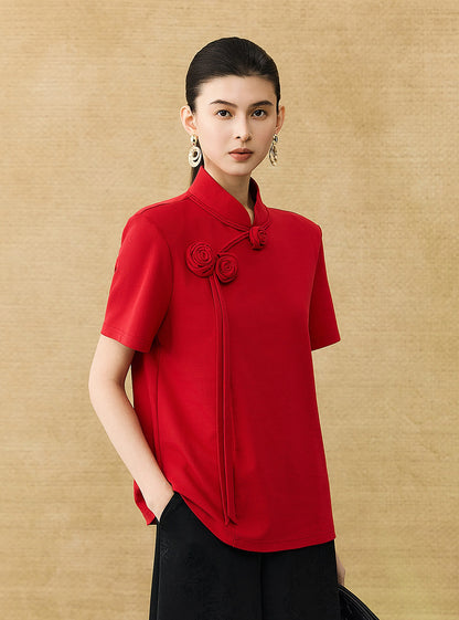 HECO Chinese Handmade Rose Tassel Short Sleeve T-Shirt  - GRADE.