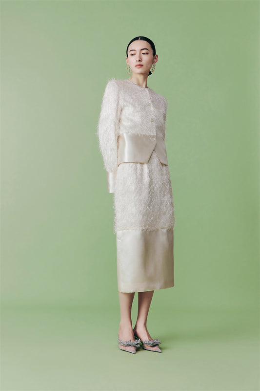 PURITY French elegant style unique high-luxury fringe, cream white half coat skirt set- Charlize
