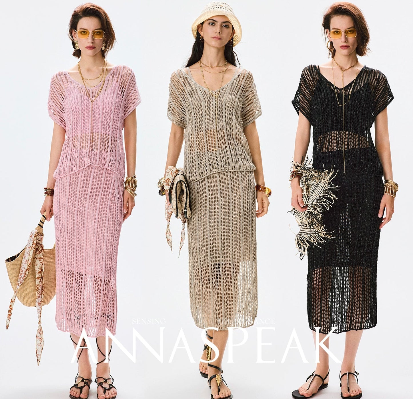 ANNASPEAK Lightweight and breathable cut-out fine glitter top skirt set summer-TOSE.