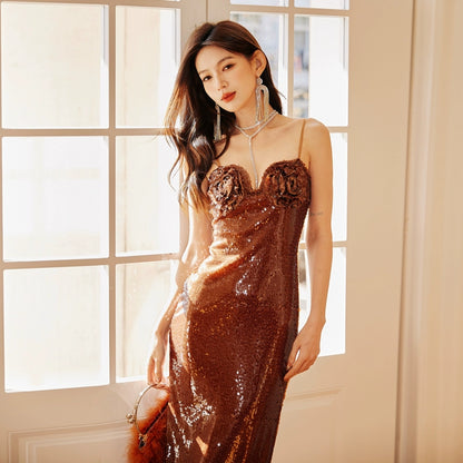 DOLLY High End Brown V-neck Sleeveless Flower Design Long Dress-OVA