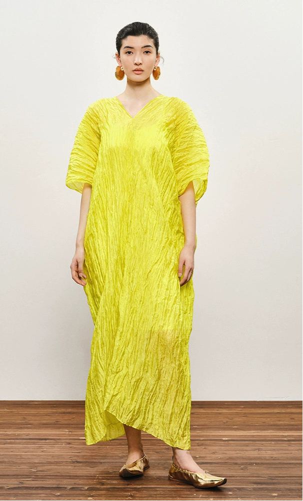 ZHUCHONGYUN yellow pleated dropped shoulder silhouette dress-MIKESE.