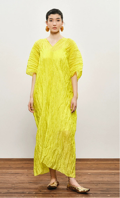 ZHUCHONGYUN yellow pleated dropped shoulder silhouette dress-MIKESE.