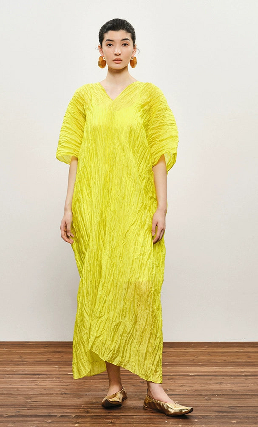 ZHUCHONGYUN yellow pleated dropped shoulder silhouette dress-MIKESE.
