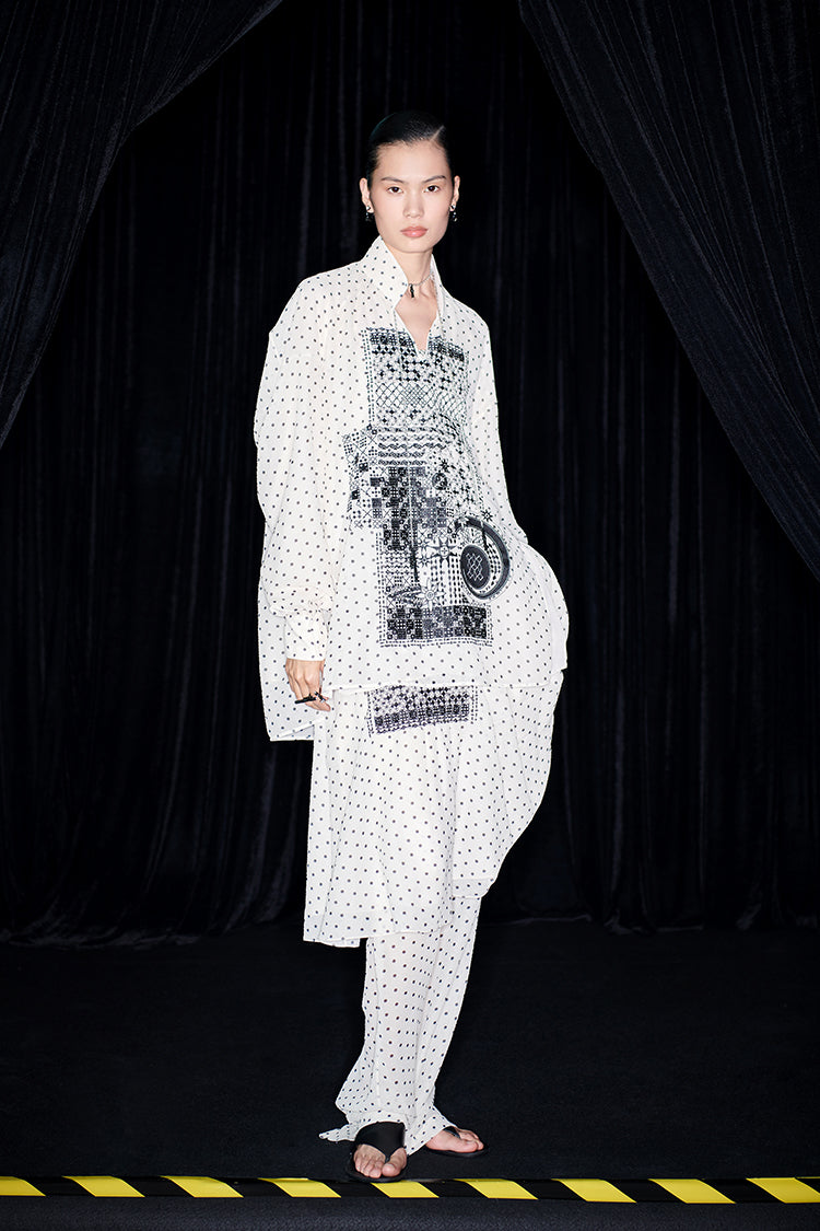 M essential Mackay designer Fubo tulle printed pavé embroidery stand-up collar shirt - LOVE.