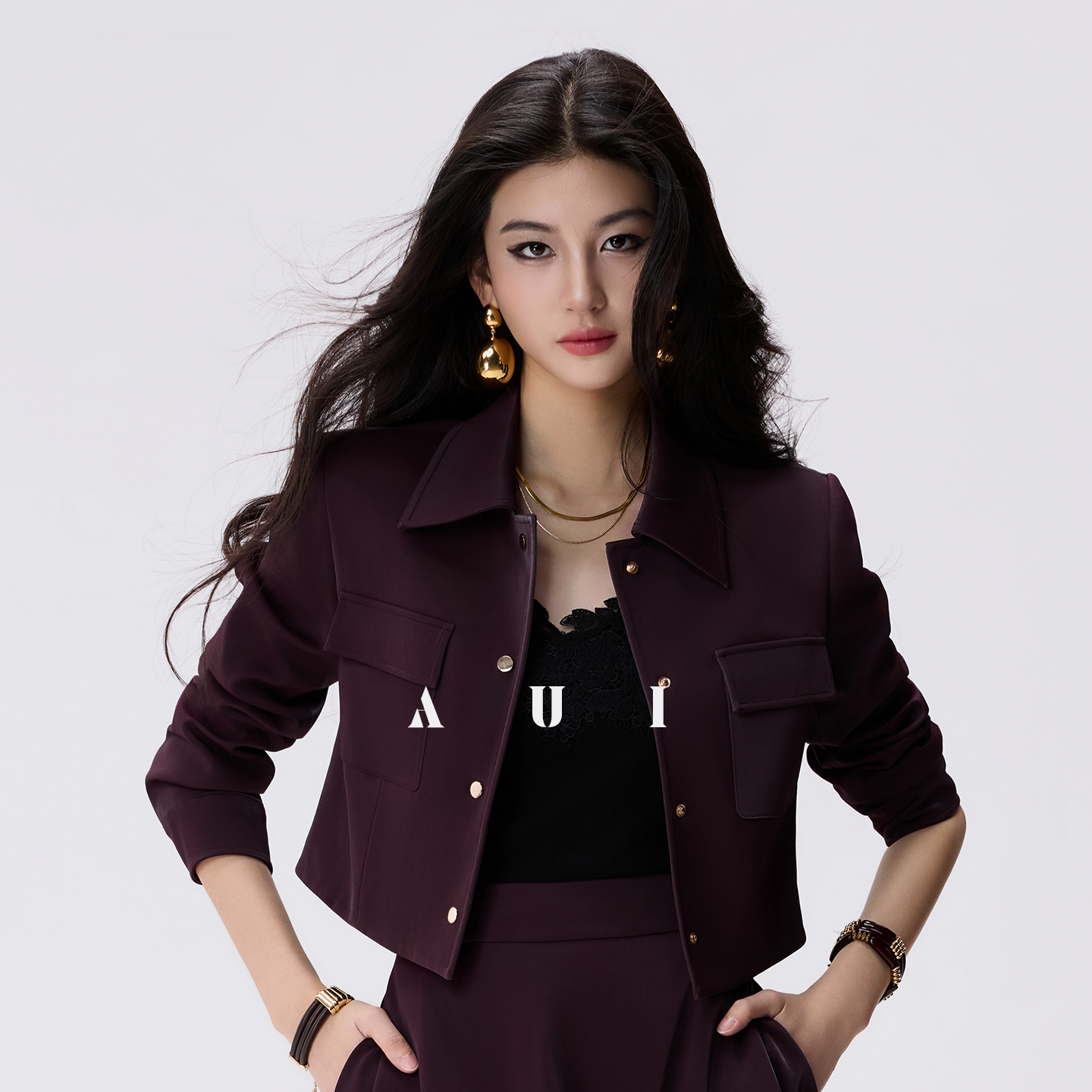 AUI Andorra red faux leather jacket A-line skirt two-piece set - JUN.