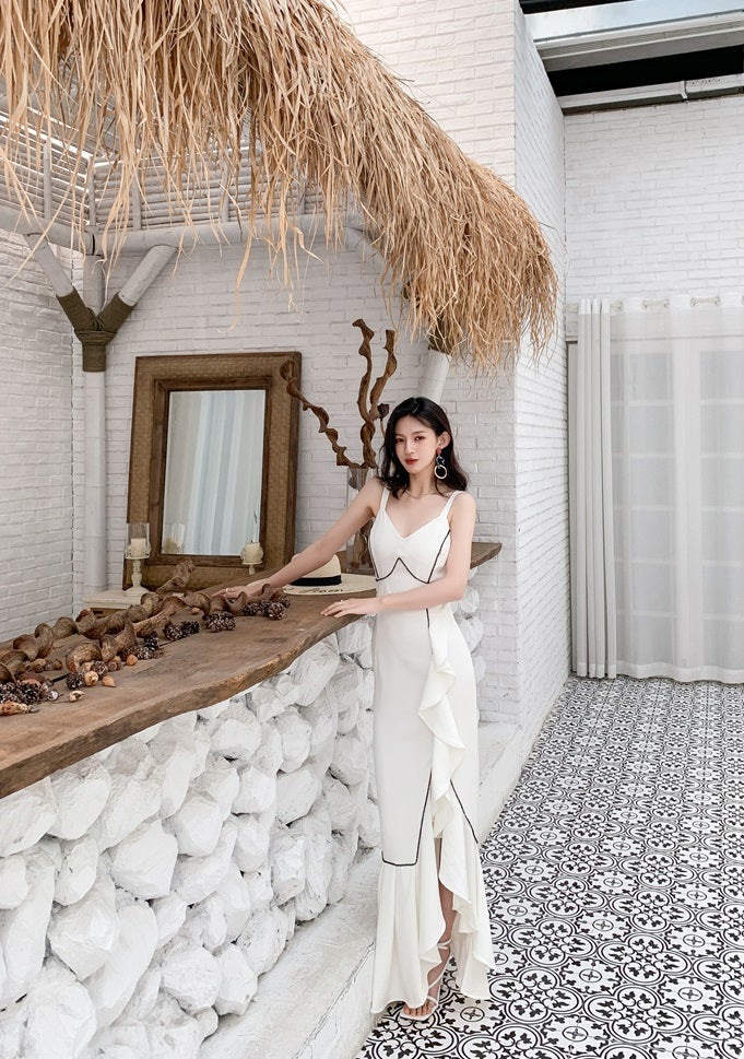 DOLLY Elegant White/Black V-Neck Sleeveless High Waist Long Ruffle Dinner Dress-MIA