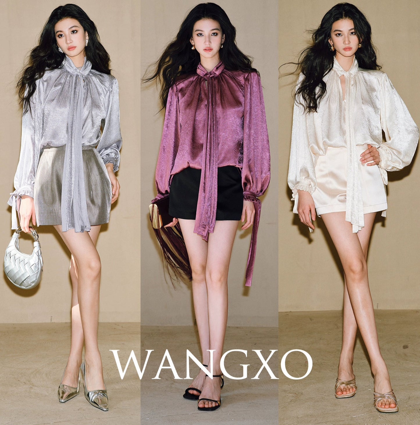 WANGXO | Glossy Satin Scratch & Bright Silk Interlace Pleated Streamer V-Neck Shirt -FÍYA.
