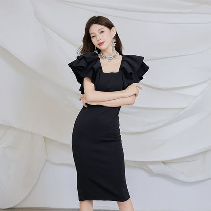 DOLLY Elegant Square Collar Ruffle Short Sleeves Slim Fit Midi Office Dress-HELEN