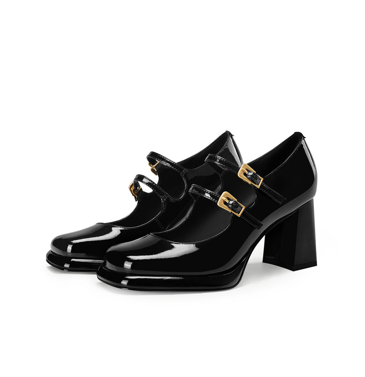 Pjjuu Patent square block Thick-soled platform gold Buckle Square Toe mary jane Heels - ADOM