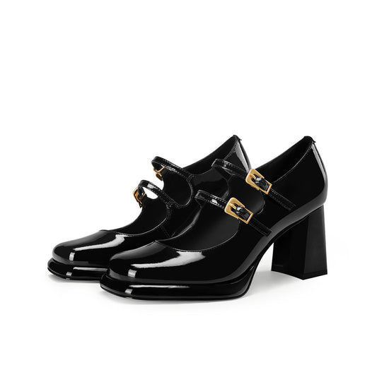 Pjjuu Patent square block Thick-soled platform gold Buckle Square Toe mary jane Heels - ADOM