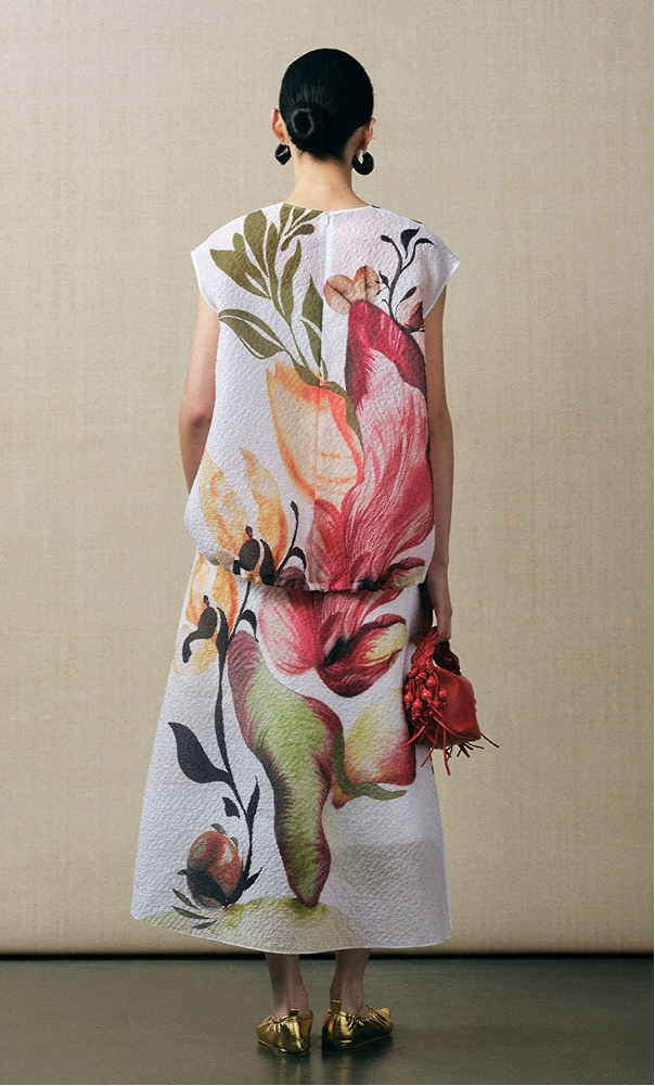 ZHUCHONGYUN Chinese mulberry silk V-neck sleeveless printed top and A-line skirt-BRAUS.