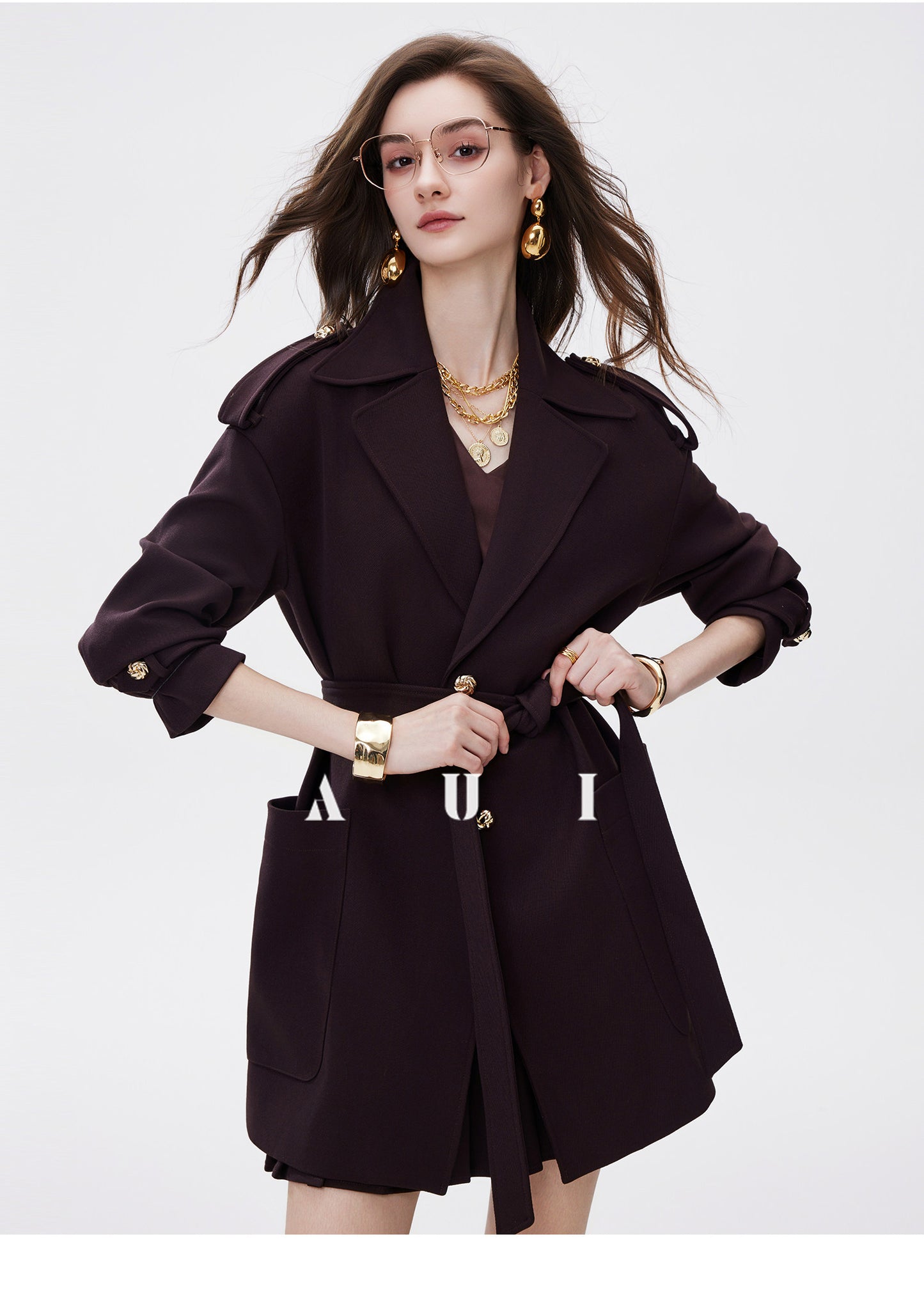 AUI Mocha Mousse Suit Collar Trench Coat Jacket - Hana!