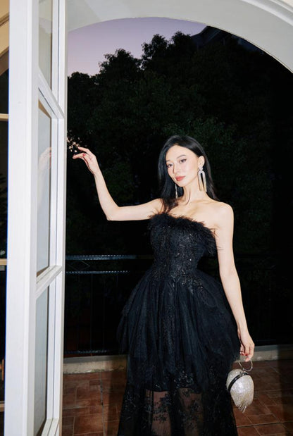 DOLLY Elegant Sleeveless Feather Tube Top Embroidery Long Tutu Dinner Dress-KYLIE