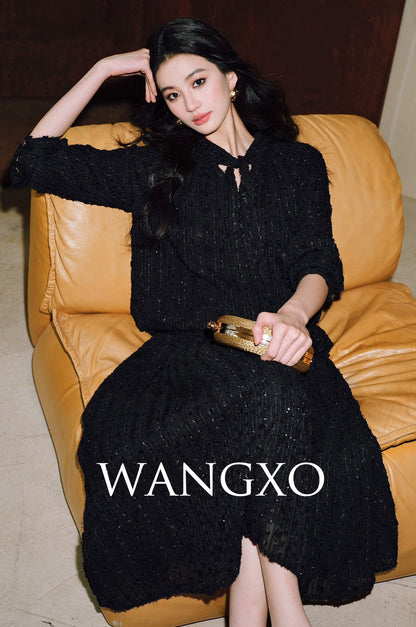 WANGXO | 3D Granular Jacquard Micro-Wrinkle Streamer V-Neck Top & Skirt Set- ADA.