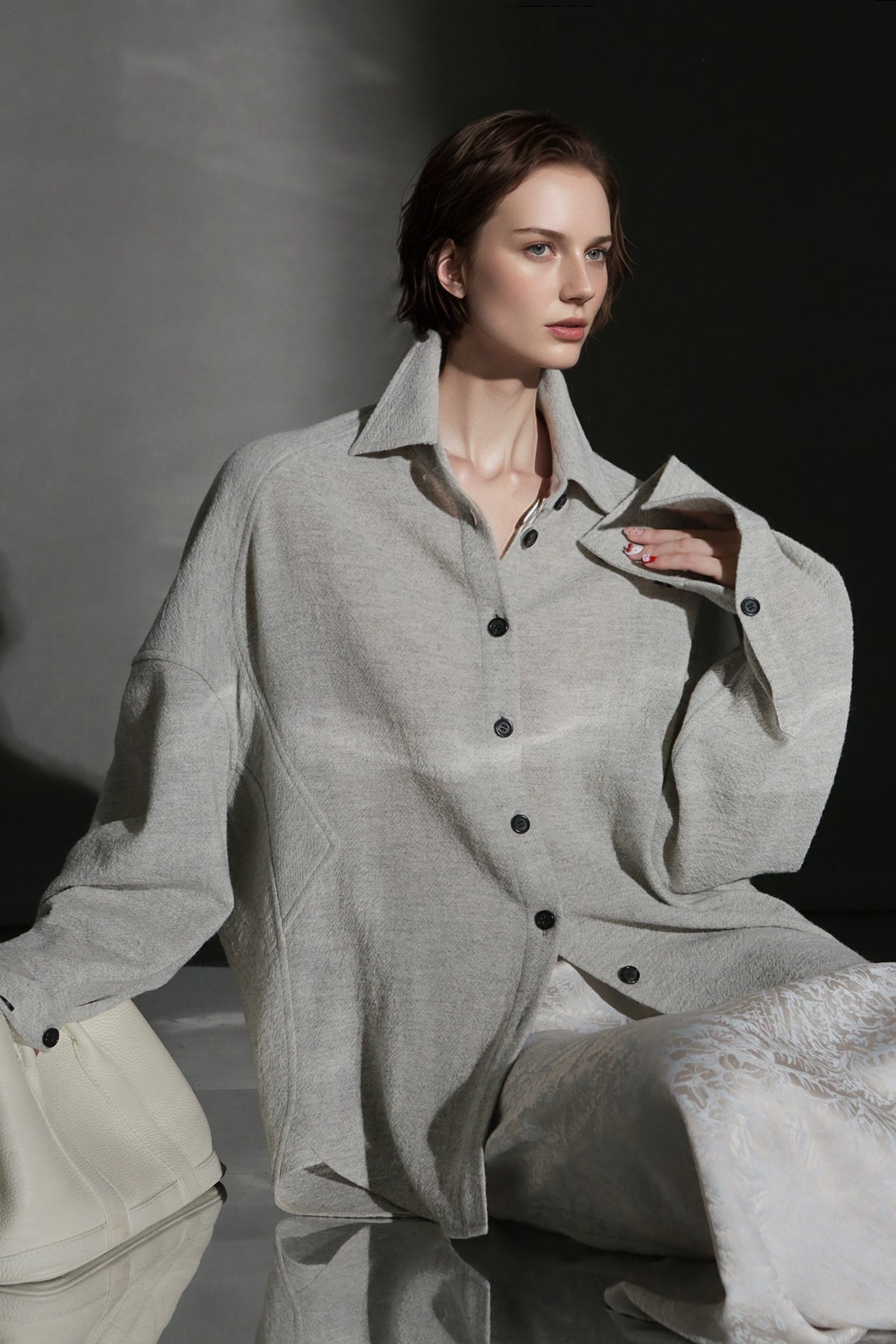 PIAOIN Luxury Old Money Style Wool Shirt Women's Single Breasted Shirt-FERA