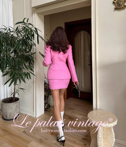 Le Palais Vintage Luxury baby pink wool cotton jacket +skirt dinner date suit-Scottie