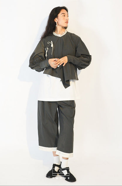 TUYUE Buckle Grey Puff Sleeve Lace-up Crew Neck Top - GRACIE.